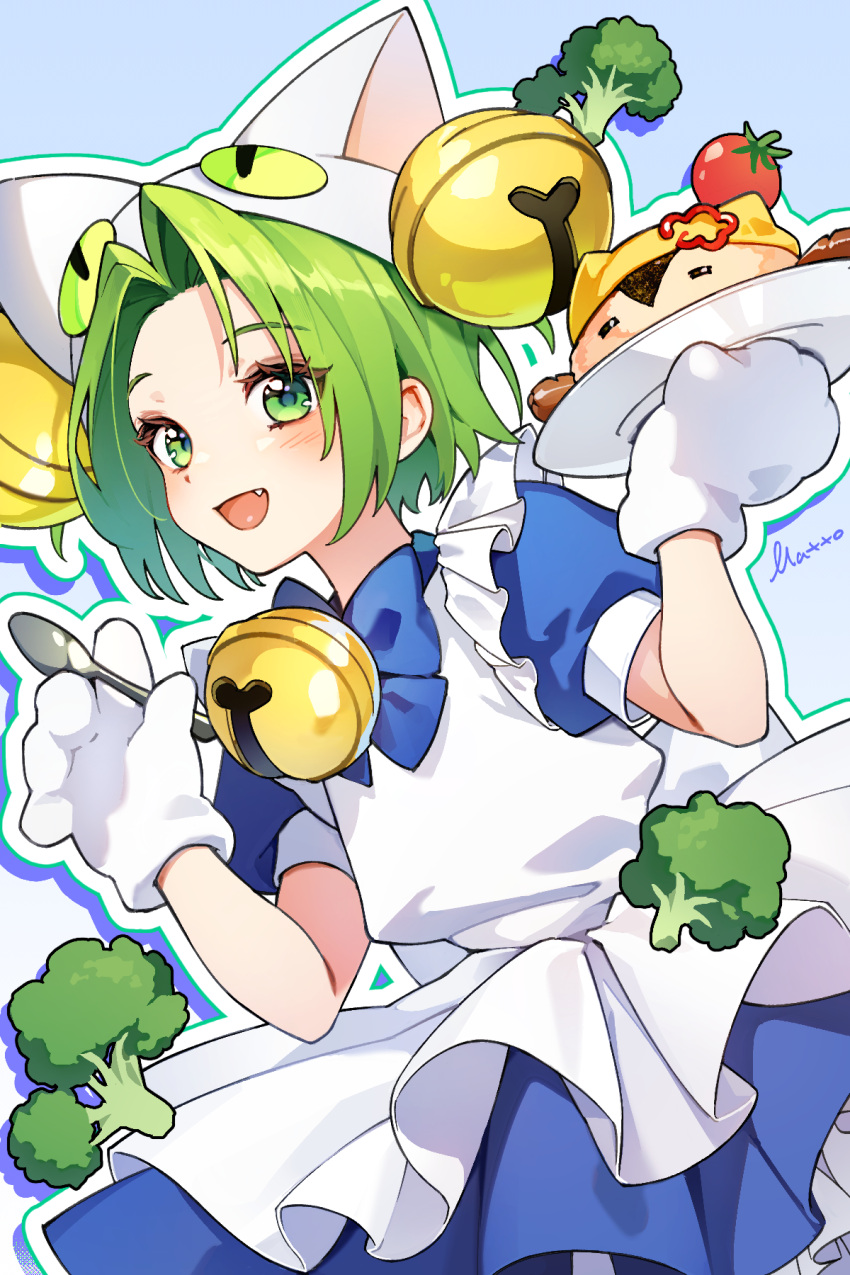 1girl, :d, animal_hat, apron, artist_name, bell, blue_background, blue_bow, blue_bowtie, blue_dress, blush, bow, bowtie, broccoli, cat_hat, dejiko, di_gi_charat, dress, fang, food, frilled_apron, frills, gloves, green_eyes, green_hair, hair_bell, hair_ornament, hat, highres, holding, holding_plate, holding_spoon, ketchup, maid, maid_apron, mattosan, neck_bell, omelet, omurice, outline, parted_bangs, plate, puffy_short_sleeves, puffy_sleeves, sausage, short_hair, short_sleeves, smile, solo, spoon, tomato, white_apron, white_gloves, white_hat, white_outline