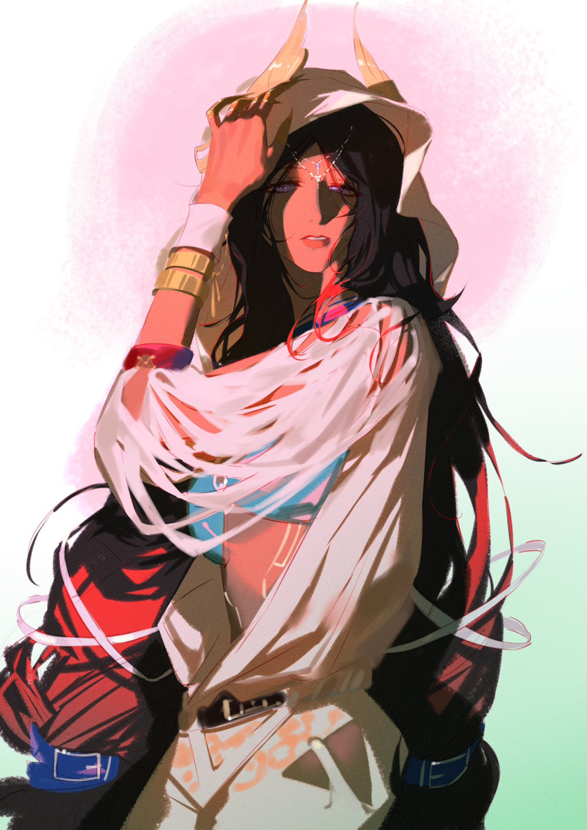 1girl, adjusting_clothes, adjusting_headwear, body_markings, chinese_commentary, commentary, cowboy_shot, dark-skinned_female