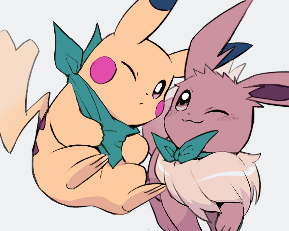 bandana, bandana_around_neck, brown_eyes, closed_mouth, eevee, green_bandana, grey_background, looking_at_another