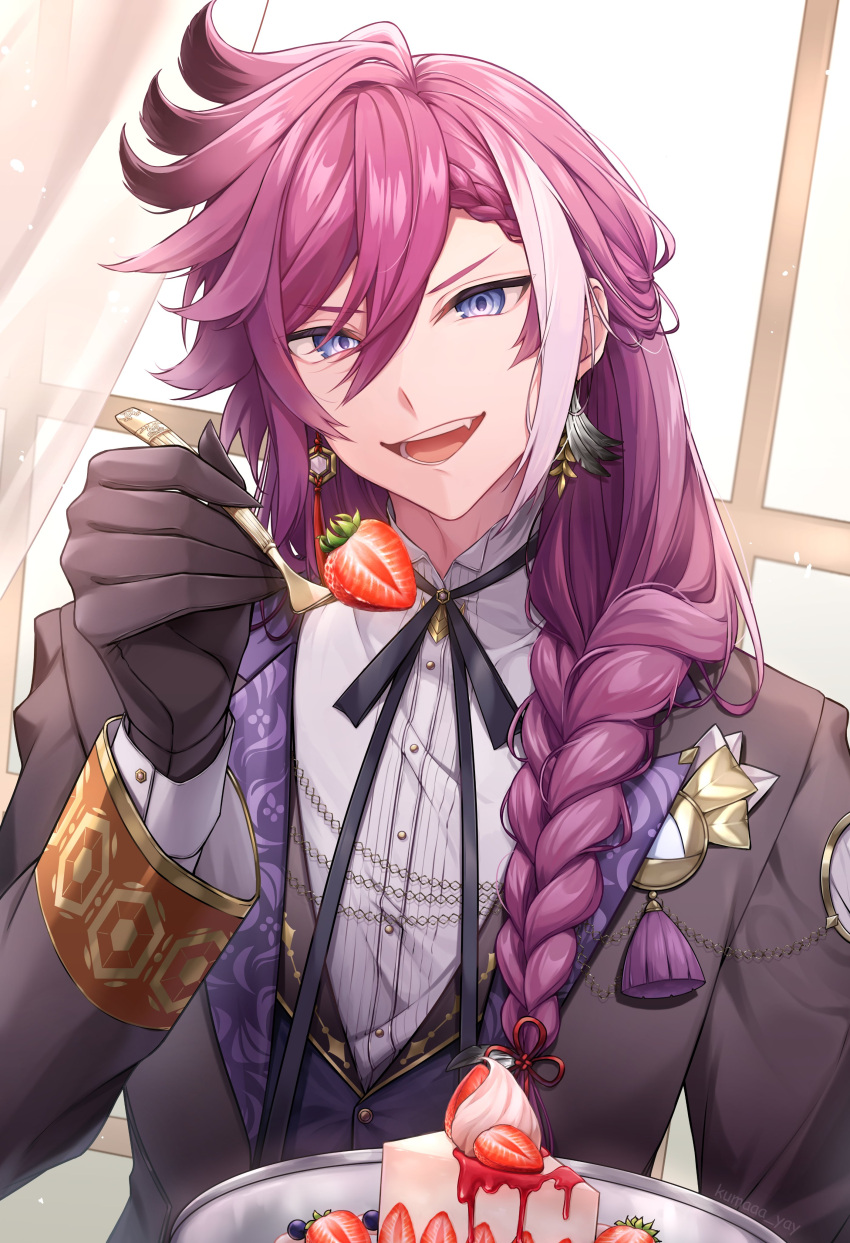 1boy, absurdres, banzoin_hakka, bishounen, black_gloves, blue_eyes, butler, cake