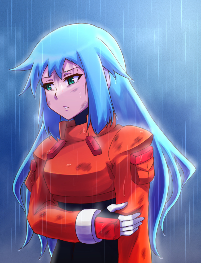 1girl, alternate_hairstyle, ashe_(mega_man), black_bodysuit, blue_hair, bodysuit, bodysuit_under_clothes, crop_top