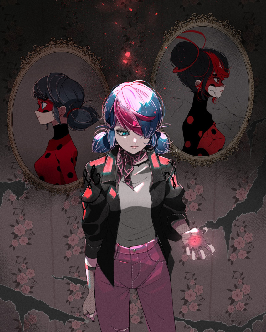 3girls, black_hair, black_jacket, blazer, blue_eyes, blue_hair, bodysuit, broken_mirror, closed_mouth, earrings, highres, jacket, jewelry, ladybug_(character), light_smile, marinette_dupain-cheng, mask, miraculous_ladybug, mirror, multiple_girls, open_clothes, open_jacket, pants, pink_pants, red_bodysuit, red_eyes, red_mask, sad, seio_(nao_miragggcc45), shadybug, shirt, short_twintails, superhero_costume, twintails, white_shirt