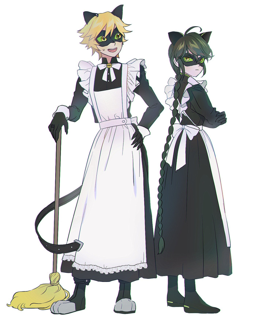 1boy, 1girl, adrien_agreste, animal_ears, apron, bell, black_bodysuit, black_hair