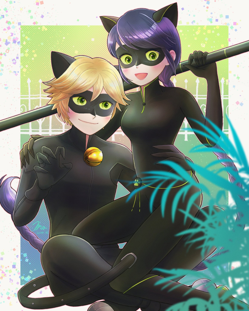 1boy, 1girl, adrien_agreste, animal_ears, bell, black_bodysuit, black_mask, blue_hair