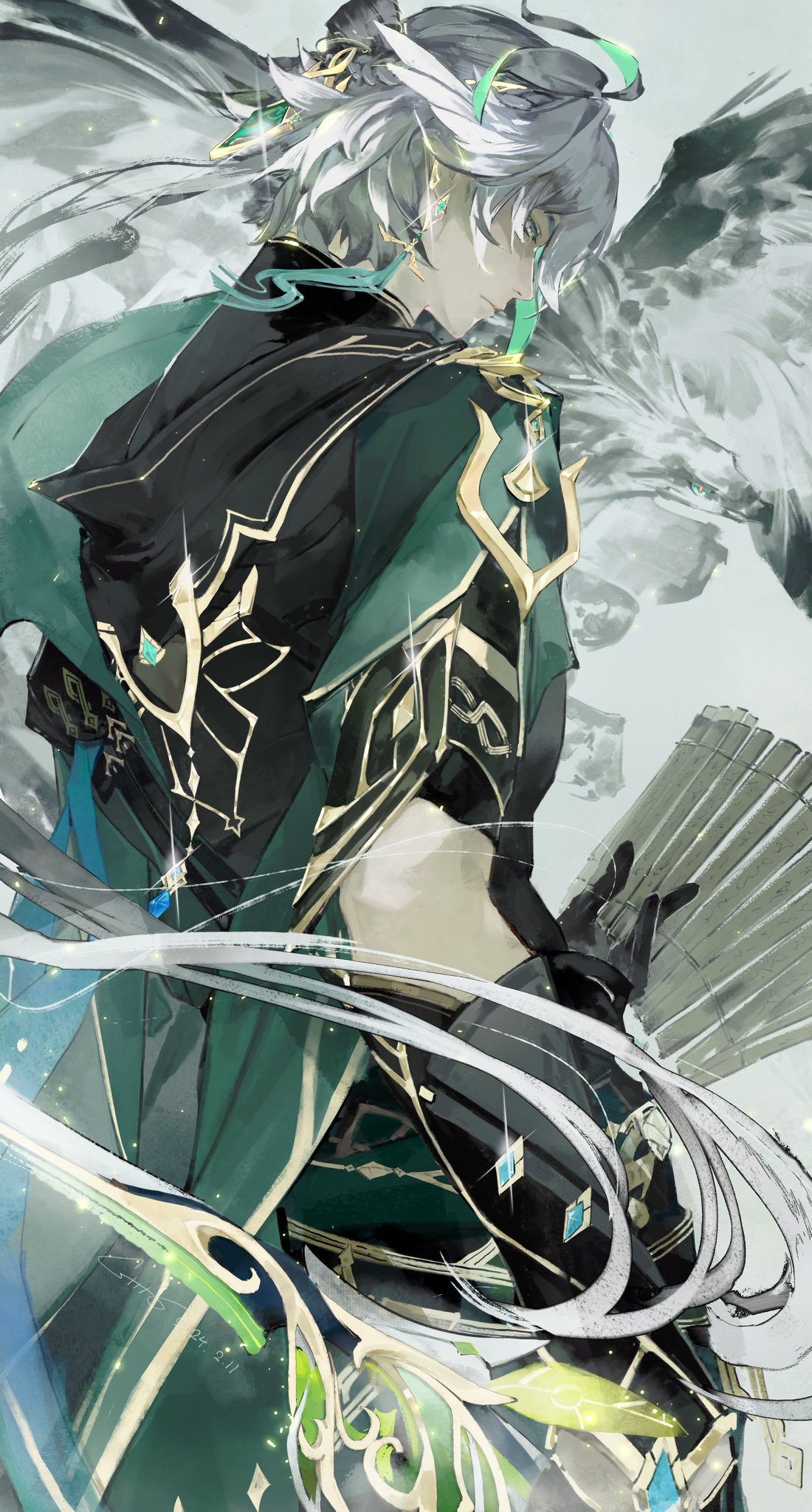 1boy, alhaitham_(genshin_impact), bamboo_scroll, bird, chinese_clothes, closed_mouth, cowlick, dated