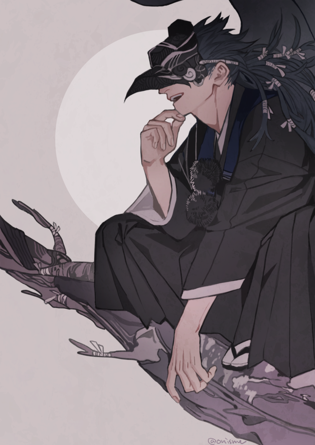 1boy, black_hair, conohi_(snvcenni), eye_mask, from_side, geta, grin, hand_on_own_chin