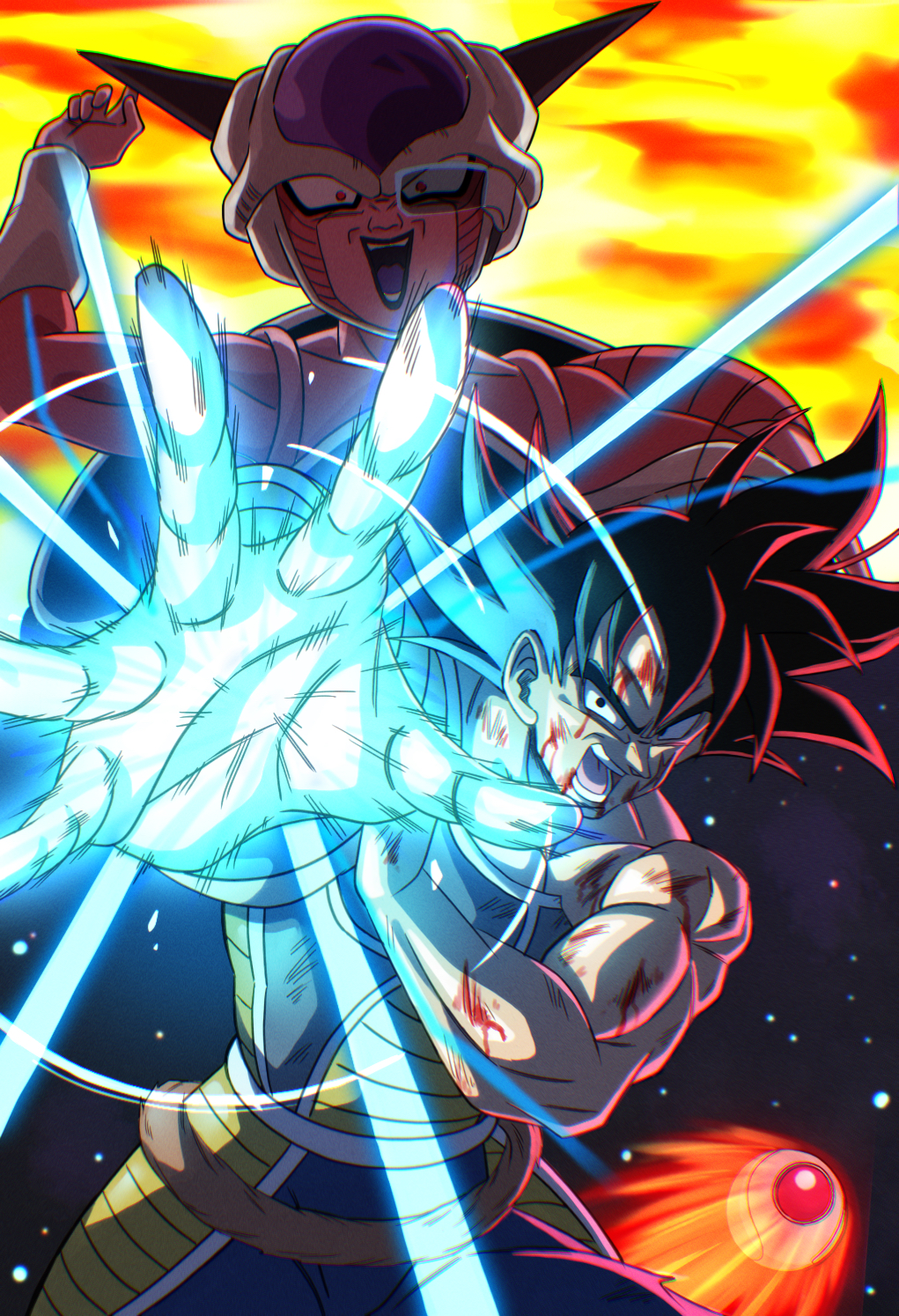 2boys, aura, bardock, black_eyes, black_hair, buraku_black, colored_skin, dragon_ball, dragon_ball_super, dragon_ball_super_broly, energy, firing, frieza, highres, horns, monkey_tail, multiple_boys, muscular, muscular_male, pink_skin, red_eyes, saiyan_armor, scar, scar_on_face, scouter, space, spacecraft, spiky_hair, tail