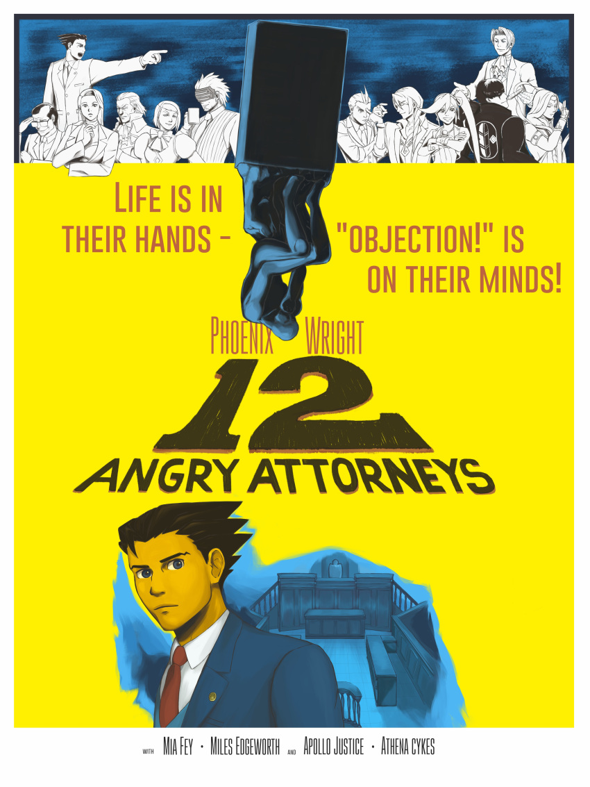 12_angry_men, 3girls, 6+boys, absurdres, ace_attorney, apollo_justice, athena_cykes, blue_jacket