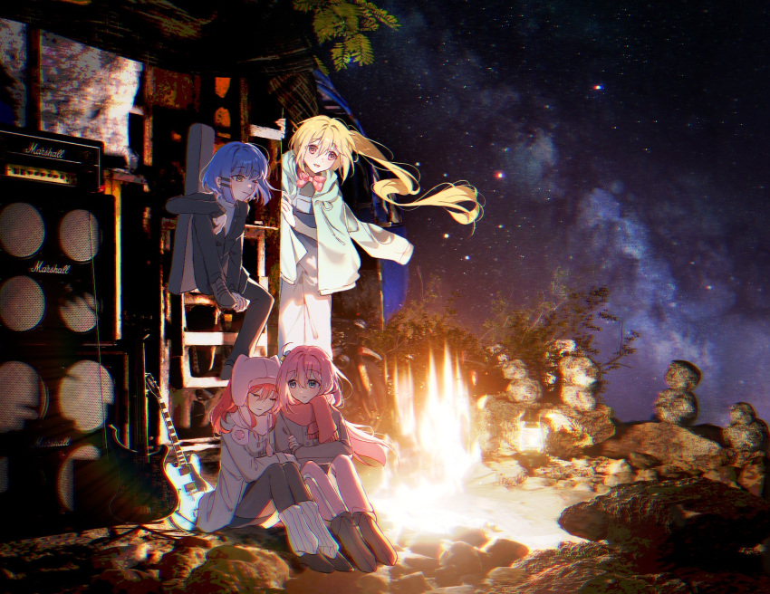 4girls, amplifier, arm_grab, bccommi, black_jacket, black_pants, blonde_hair, blue_eyes