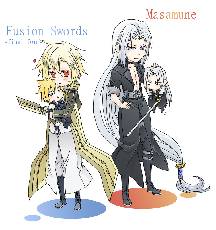 blue_eyes, blush, breasts, buster_sword, carrying, chibi, cloud_strife, final_fantasy