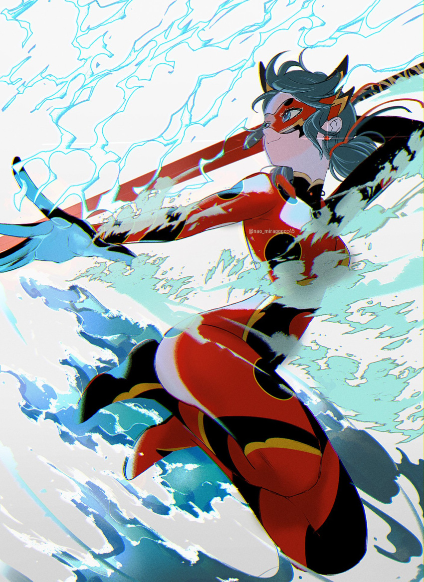 blue_eyes, blue_hair, bodysuit, closed_mouth, dragonbug_(character), highres, holding, holding_sword, holding_weapon, marinette_dupain-cheng, mask, miraculous_ladybug, red_bodysuit, red_mask, seio_(nao_miragggcc45), short_twintails, smile, solo, superhero_costume, sword, twintails, water, weapon