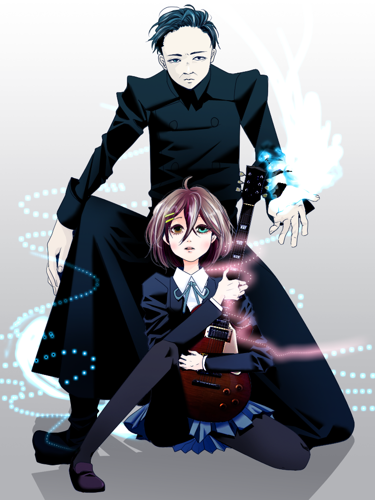 black_hair, blazer, blue_eyes, brown_eyes, brown_hair, cohsaca, father_and_daughter, guitar