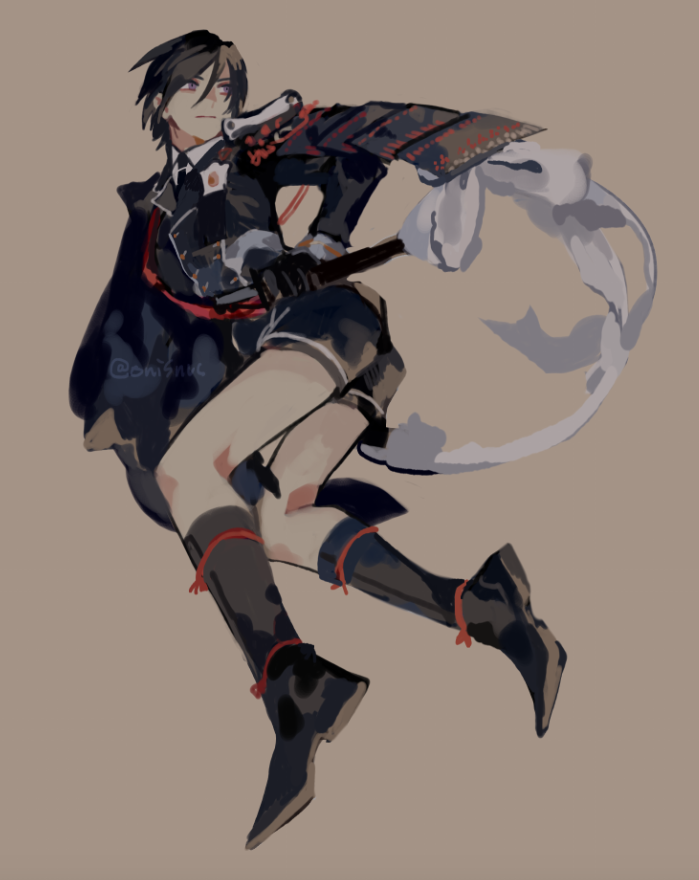 1boy, armor, black_cape, black_eyes, black_footwear, black_gloves, black_hair, black_shorts, cape, closed_mouth, conohi_(snvcenni), full_body, gloves, hair_between_eyes, holding, holding_sheath, jacket, japanese_armor, japanese_clothes, katana, looking_to_the_side, male_focus, sheath, short_hair, shorts, shota, simple_background, solo, sword, touken_ranbu, uniform, weapon, yagen_toushirou