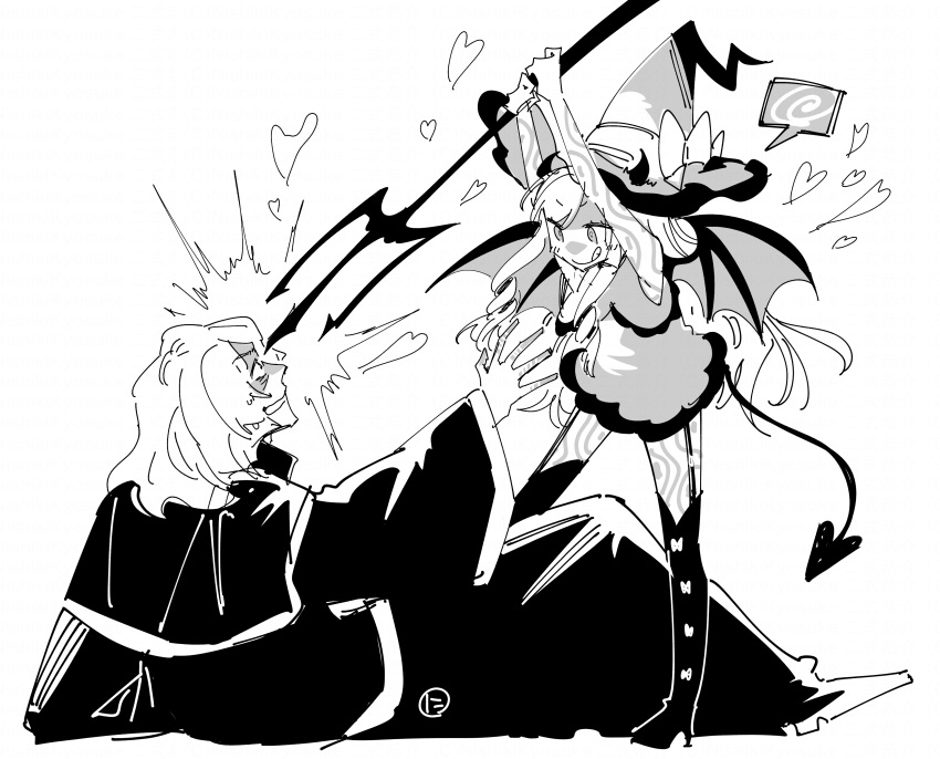 1boy, 1girl, absurdres, black_footwear, confused, curse_maker, curse_maker_1, demon_horns, demon_tail, demon_wings, doctor_magus, doctor_magus_4, doodles, gameplay_mechanics, hand_up, hat, heart, highres, holding, holding_polearm, holding_weapon, horns, long_hair, lying, monochrome, nikki_kyousuke, on_back, on_ground, panicking, polearm, sekaiju_no_meikyuu, sekaiju_no_meikyuu_2, shaded_face, sweatdrop, swirl, tail, tongue, tongue_out, weapon, wings, witch_hat