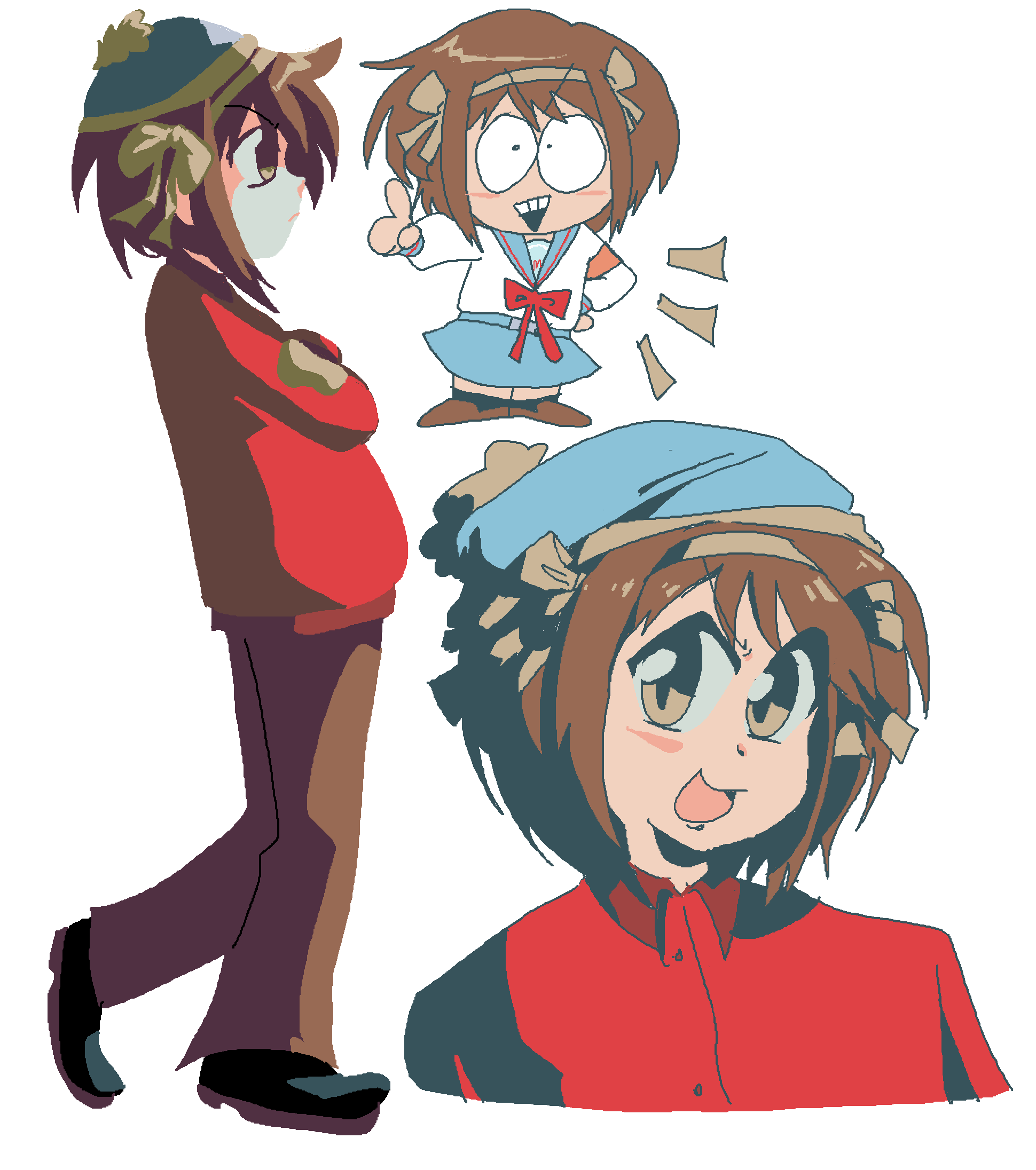 1girl, beanie, black_footwear, blue_hat, blue_skirt, blush, bow, brown_bow