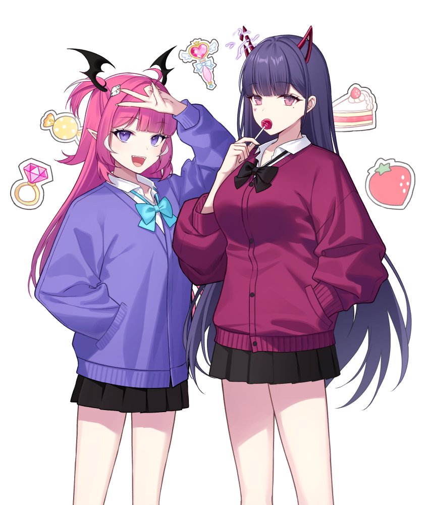2girls, ahoge, akuma_nihmune, alternate_costume, aqua_ribbon, black_ribbon, black_skirt, broken_horn