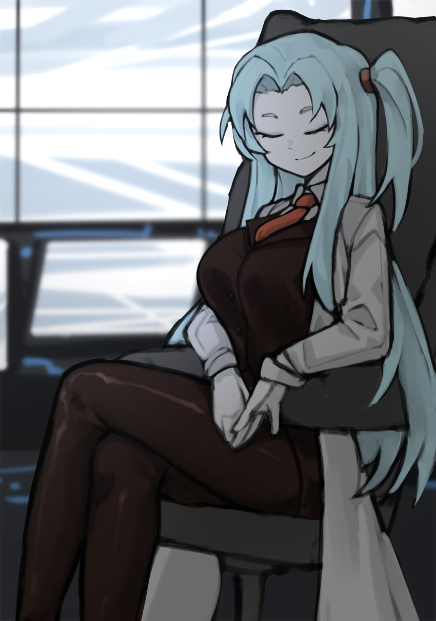 1girl, angela_(project_moon), black_skirt, black_vest, blue_hair, breasts, brown_pantyhose, chair