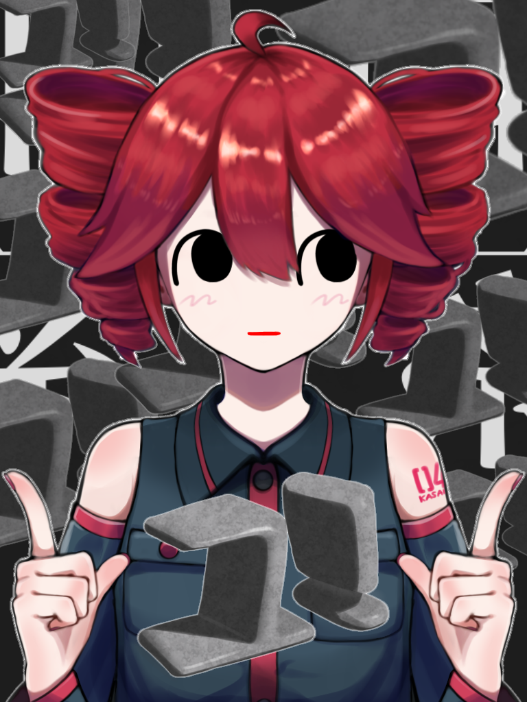 1girl, ahoge, closed_mouth, collared_shirt, commentary_request, detached_sleeves, drill_hair, flat_chest, fukuyoka_(rn95106), grey_shirt, grey_sleeves, hair_between_eyes, hands_up, igaku_(utau), kasane_teto, pink_trim, redhead, shirt, sleeveless, sleeveless_shirt, solo, twin_drills, upper_body, utau