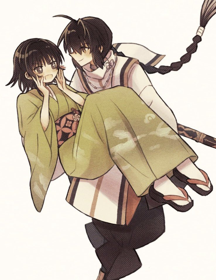 1girl, 1other, ahoge, androgynous, black_hair, braid, braided_ponytail, carrying