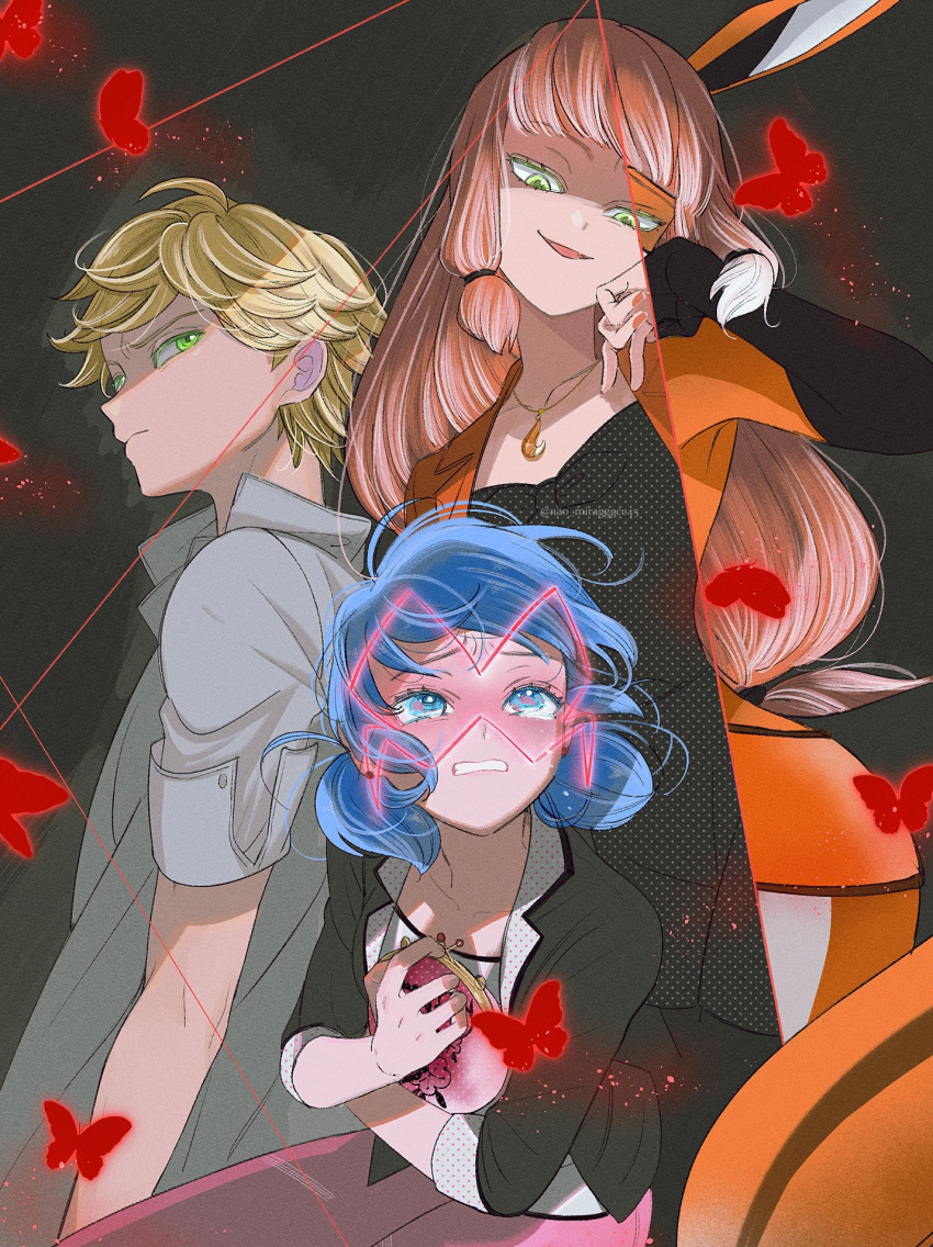 1boy, 2girls, adrien_agreste, black_jacket, blazer, blonde_hair, blue_eyes, blue_hair