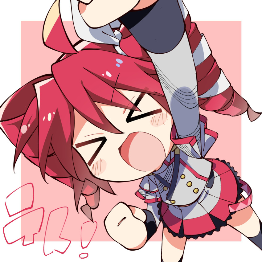 >_<, 1girl, :d, ahoge, arm_up, black_socks, buttons, character_name, chibi, double-breasted, drill_hair, grey_jacket, grey_shirt, grey_skirt, hair_ribbon, highres, jacket, kasane_teto, kasane_teto_(sv), layered_sleeves, long_sleeves, miniskirt, open_mouth, pink_hair, pleated_skirt, ribbon, shirt, short_over_long_sleeves, short_sleeves, skirt, smile, socks, solo, synthesizer_v, translation_request, twin_drills, twintails, utau, white_ribbon, yassu