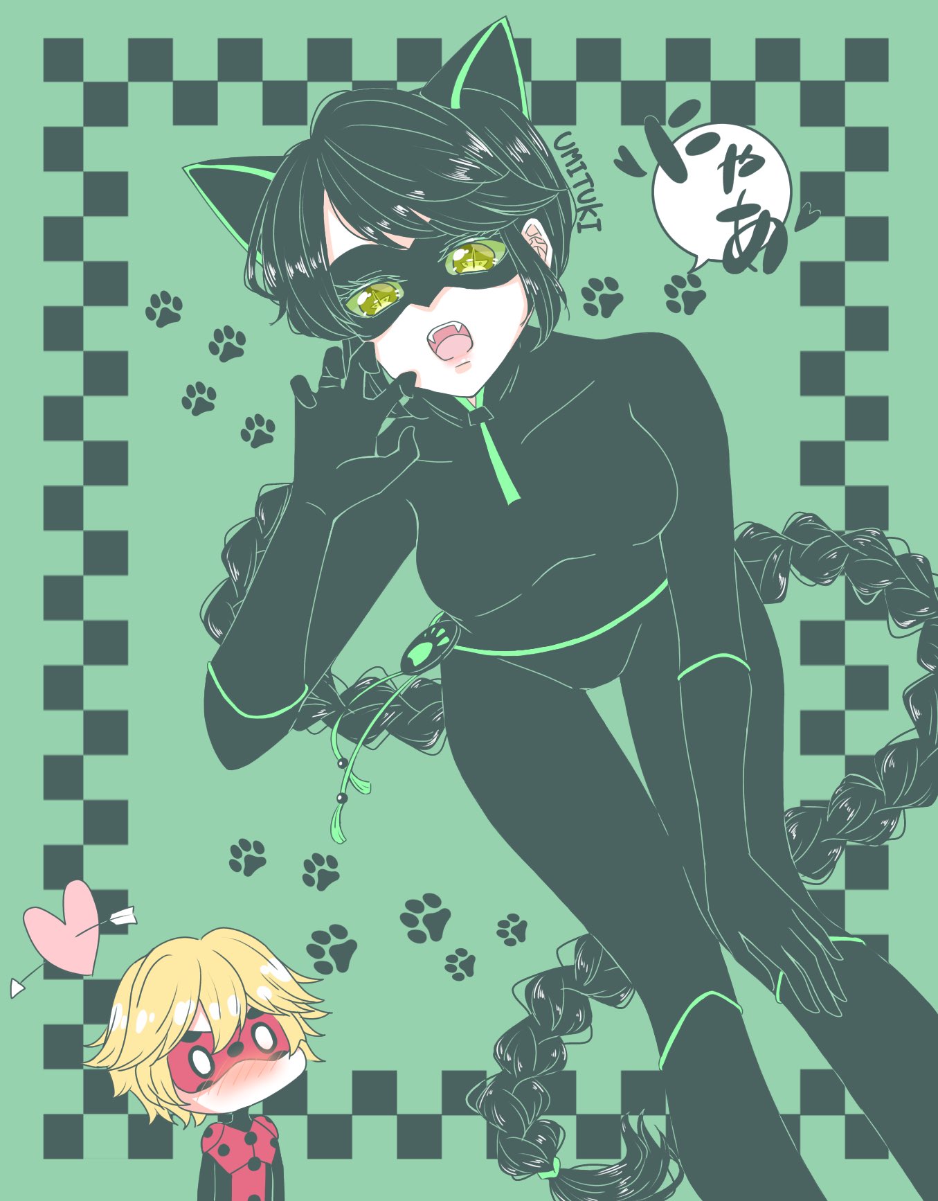 adrien_agreste, animal_ears, black_bodysuit, black_hair, black_mask, blonde_hair, blush, bodysuit
