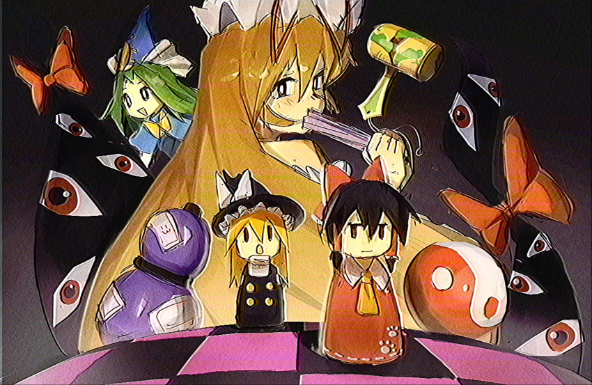 4girls, :o, ascot, black_dress, blonde_hair, bow, buttons, capelet