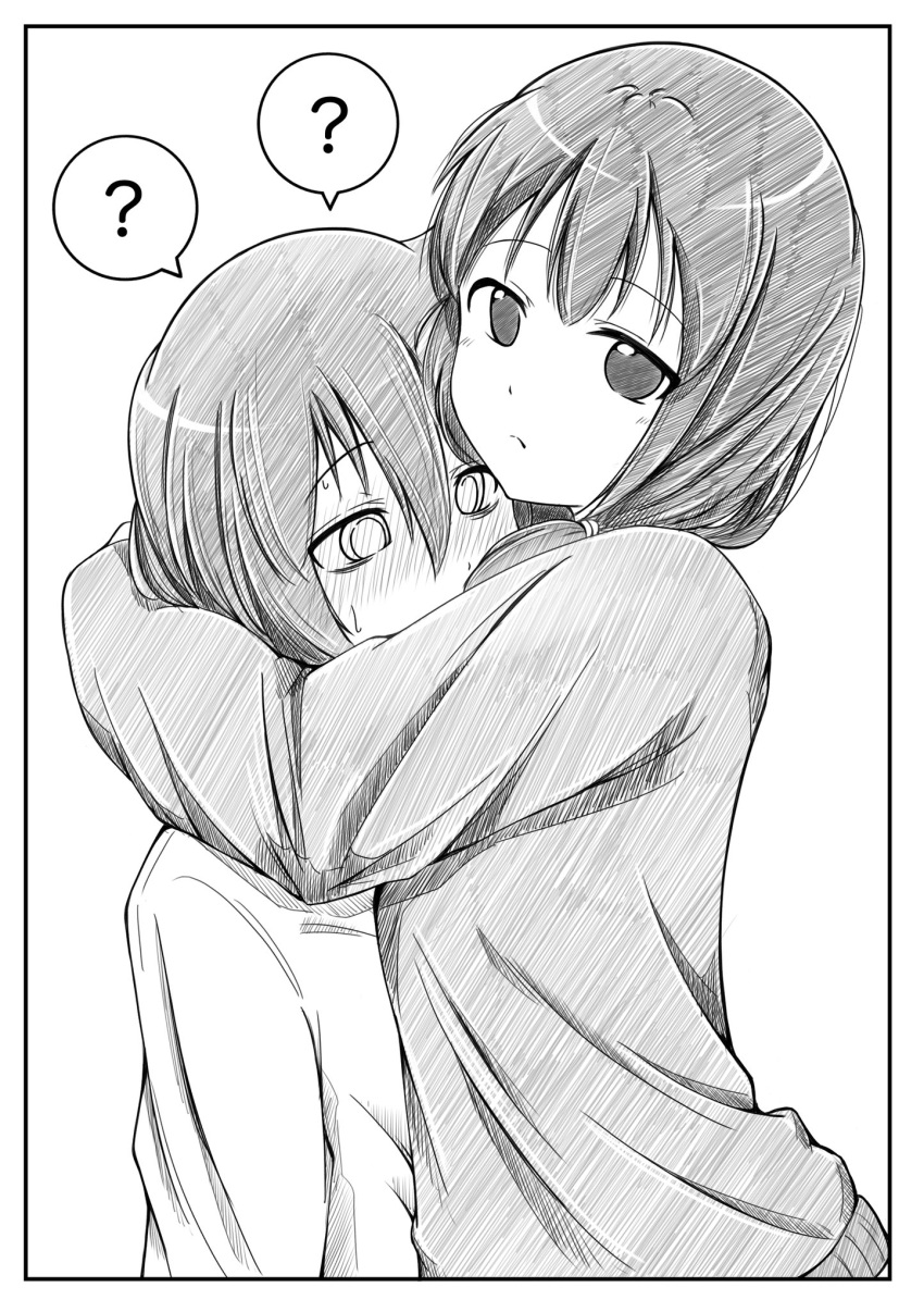 2girls, ?, azuminonomizua, bags_under_eyes, blush, border, greyscale, hair_between_eyes