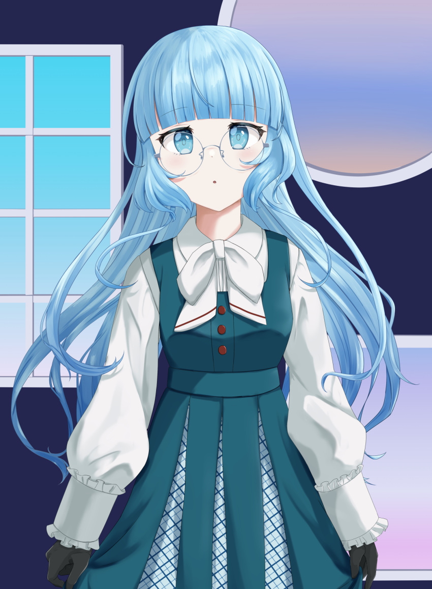 1girl, black_gloves, blue_dress, blue_eyes, blue_hair, blunt_bangs, bow, dress, glasses, gloves, highres, indoors, light_blue_hair, long_sleeves, looking_at_viewer, original, ruhina, shirt, skirt_hold, standing, white_bow, white_shirt, window