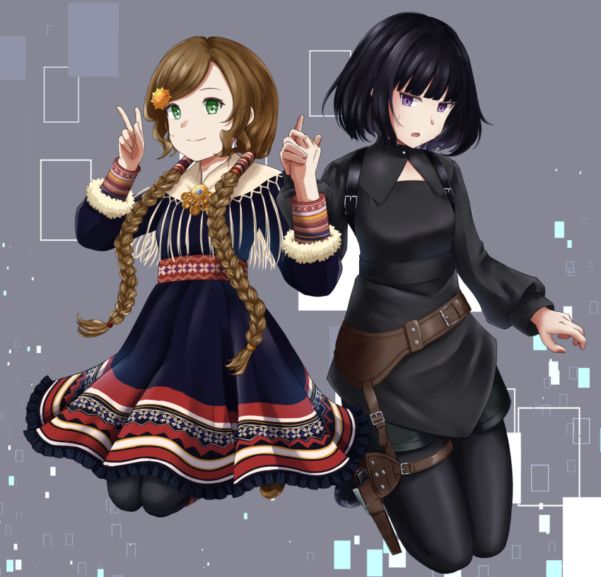 2girls, :o, belt, bigga_(your_forma), black_hair, black_pants, black_shirt, blunt_bangs