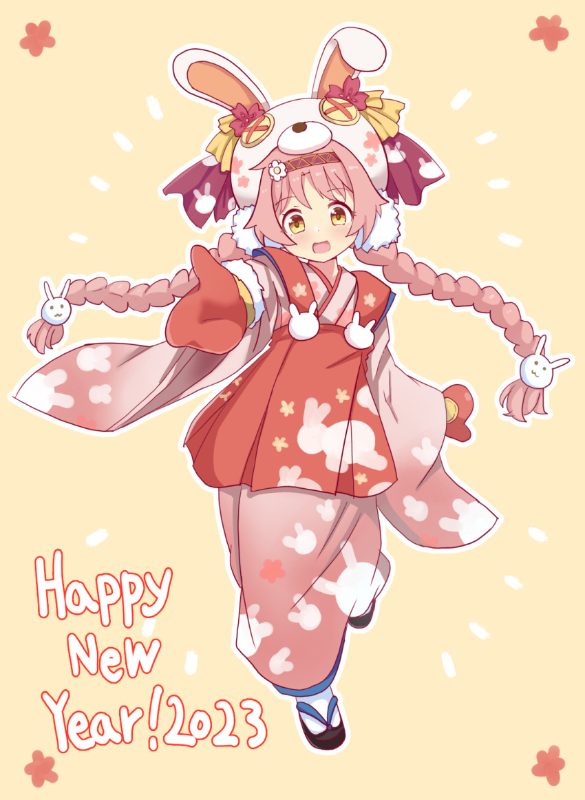 1girl, 2023, animal_hat, blush, braid, chinese_zodiac, full_body, hat