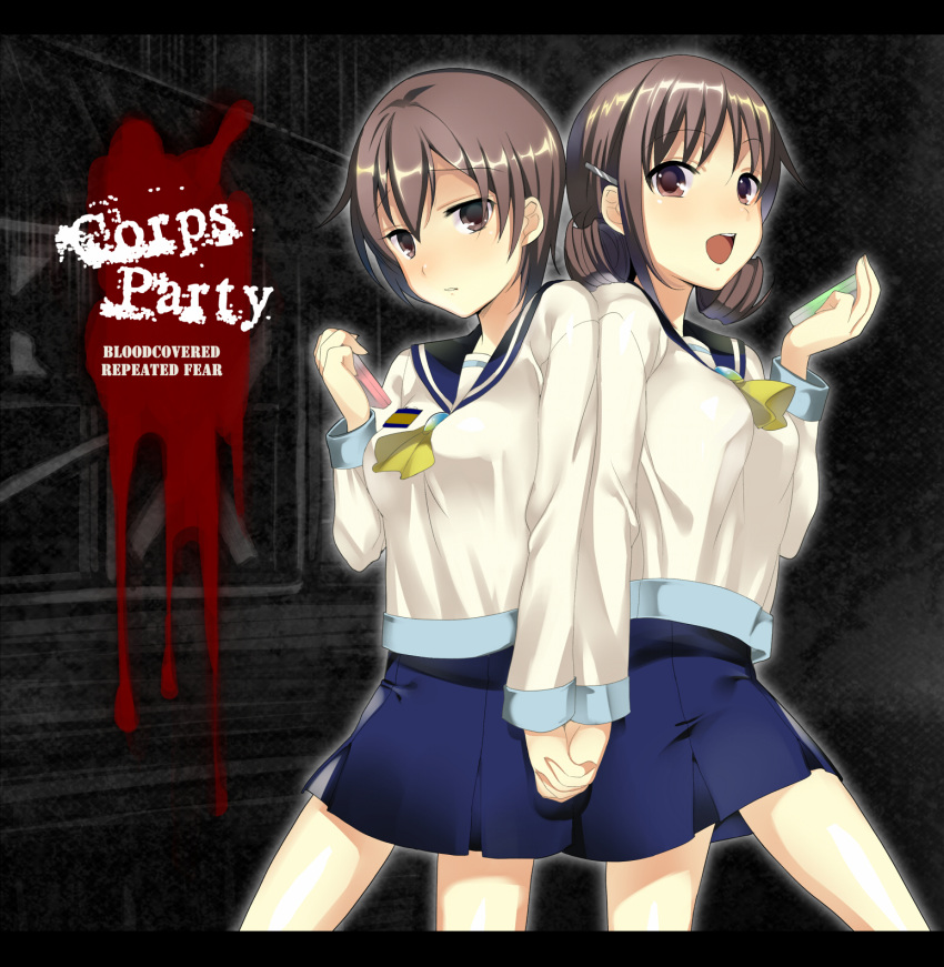 2girls, bad_id, brown_eyes, brown_hair, corpse_party, hair_ornament, hairpin, highres