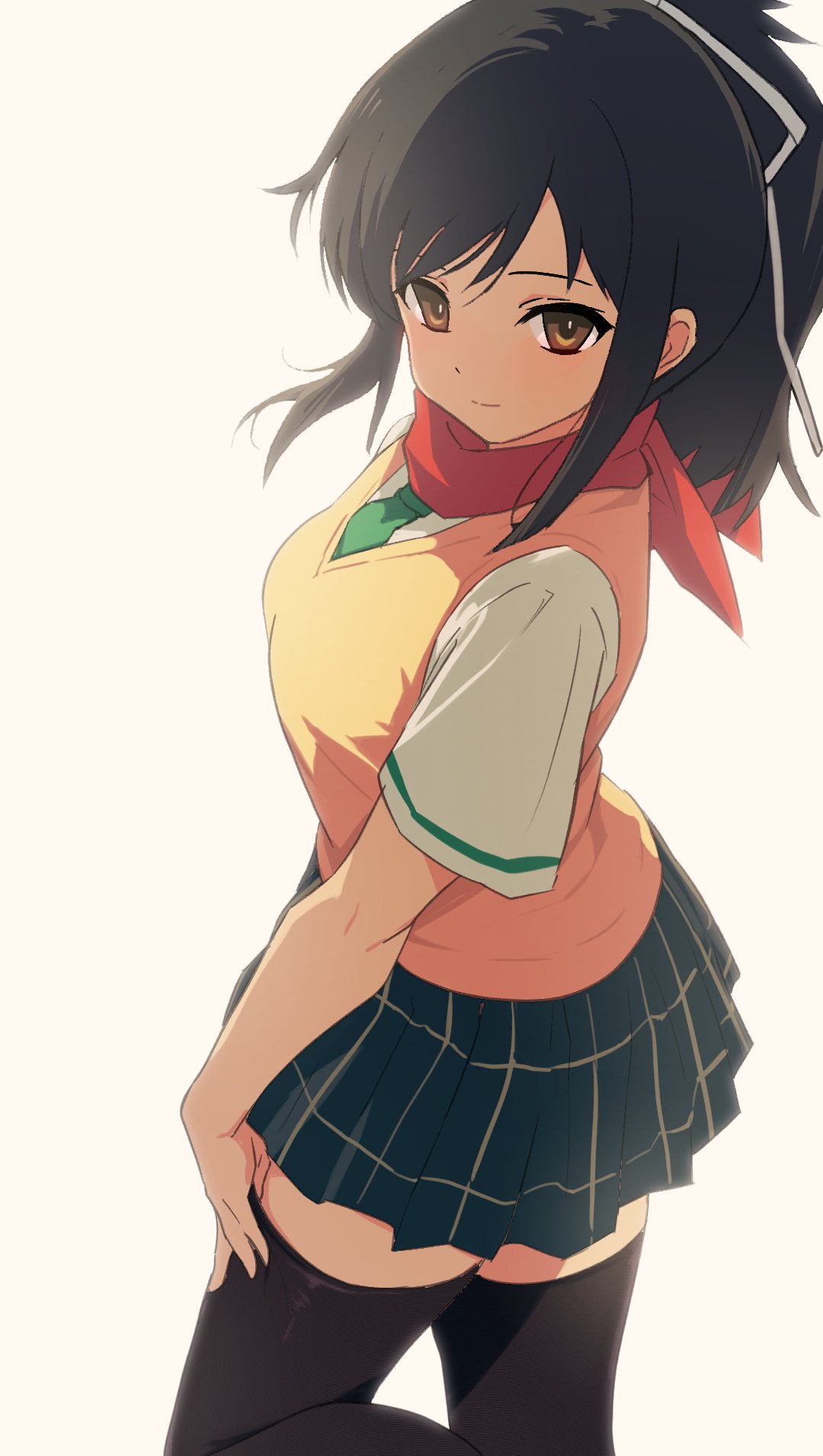 adjusting_clothes, adjusting_legwear, ahonoko, asuka_(senran_kagura), breasts, brown_eyes, brown_hair, green_necktie, green_skirt, hair_ribbon, highres, large_breasts, leg_up, light_blush, looking_at_viewer, looking_to_the_side, medium_hair, necktie, pleated_skirt, ponytail, red_scarf, ribbon, scarf, senran_kagura, shirt, short_ponytail, simple_background, skirt, sweater_vest, thigh-highs, tsuba_(guard), white_shirt, yellow_background, yellow_sweater_vest