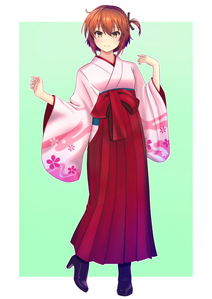 1girl, black_footwear, brown_eyes, brown_hair, etou_kanami, floral_print, full_body, green_background