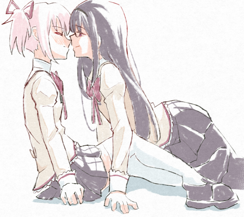 2girls, akemi_homura, black_hair, black_hairband, black_pantyhose, black_skirt, blush, bow, bowtie, brown_shirt, closed_eyes, closed_mouth, commentary_request, hair_ribbon, hairband, highres, imminent_kiss, juliet_sleeves, kaname_madoka, long_sleeves, mahou_shoujo_madoka_magica, mahou_shoujo_madoka_magica_(anime), multiple_girls, pantyhose, pink_hair, puffy_sleeves, red_bow, red_bowtie, red_ribbon, ribbon, risai, shirt, simple_background, sitting, skirt, smile, thigh-highs, twintails, violet_eyes, white_background, white_thighhighs, yuri