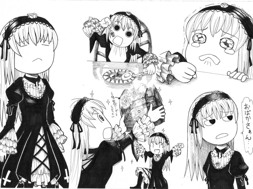 crossover, eating, monochrome, parody, rozen_maiden, style_parody, suigintou, tears