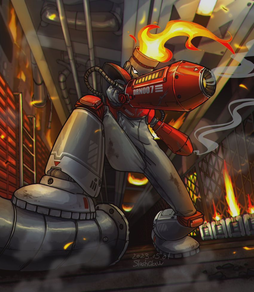 1boy, arm_cannon, armor, artist_name, bodysuit, breastplate, dated, fire, fire_man, flamethrower, highres, humanoid_robot, indoors, kazafuki, mega_man_(series), robot, smoke, solo, weapon