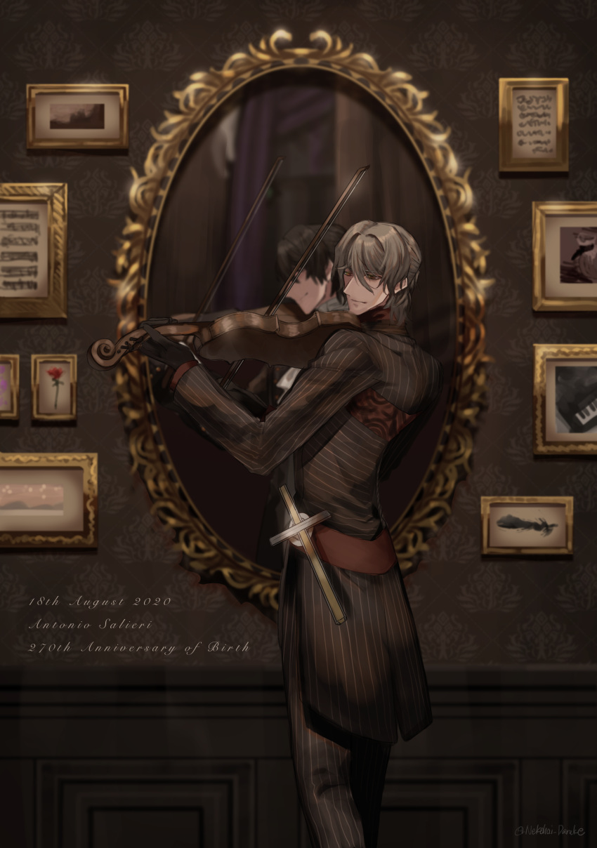 2boys, absurdres, antonio_salieri_(fate), antonio_salieri_(human)_(fate), antonio_salieri_(second_ascension)_(fate), artist_name, ascot, bags_under_eyes