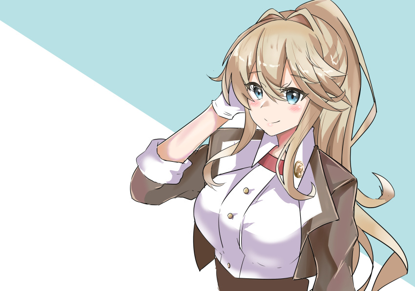 1girl, absurdres, alchemy_stars, arm_behind_head, blonde_hair, blue_eyes, blush, breasts, brown_jacket, brown_pants, closed_mouth, collared_shirt, eyebrows_hidden_by_hair, gloves, hair_between_eyes, highres, jacket, large_breasts, long_bangs, long_hair, namomihagi010, pants, ponytail, shirt, simple_background, sleeves_rolled_up, smile, solo, upper_body, vivian_(alchemy_stars), white_gloves, white_shirt