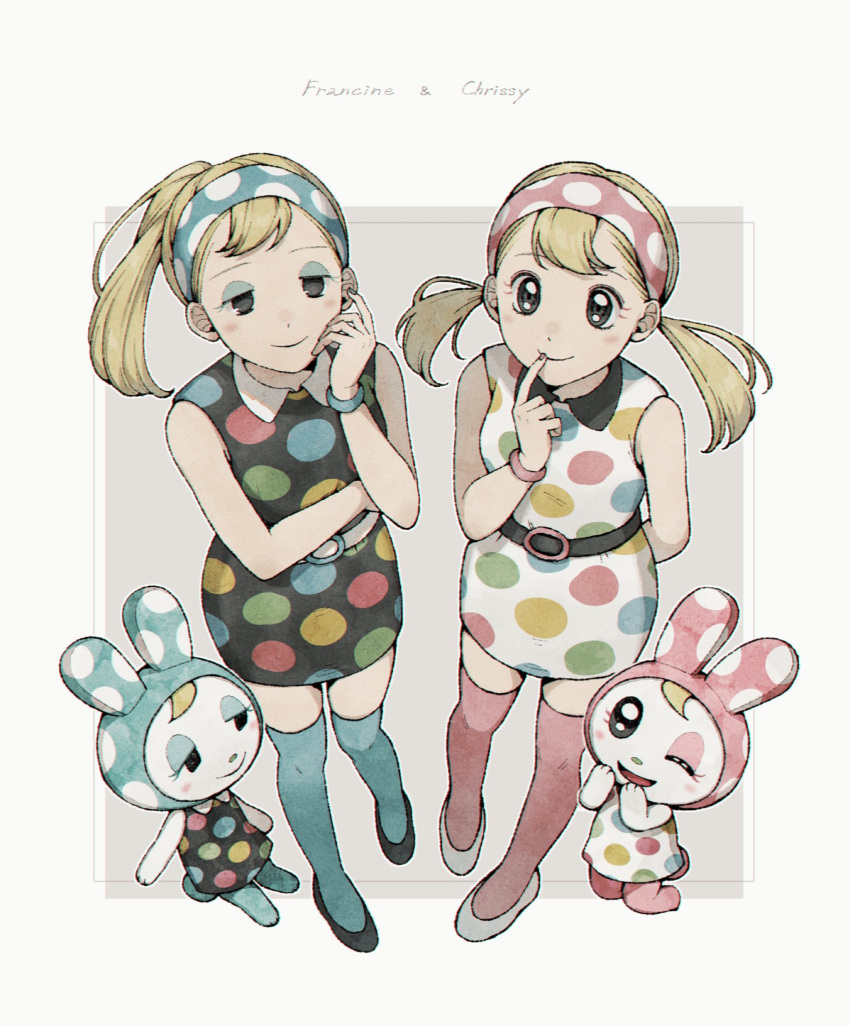 2girls, ;d, animal_crossing, aqua_eyeshadow, aqua_hairband, aqua_nails, aqua_thighhighs, arm_behind_back