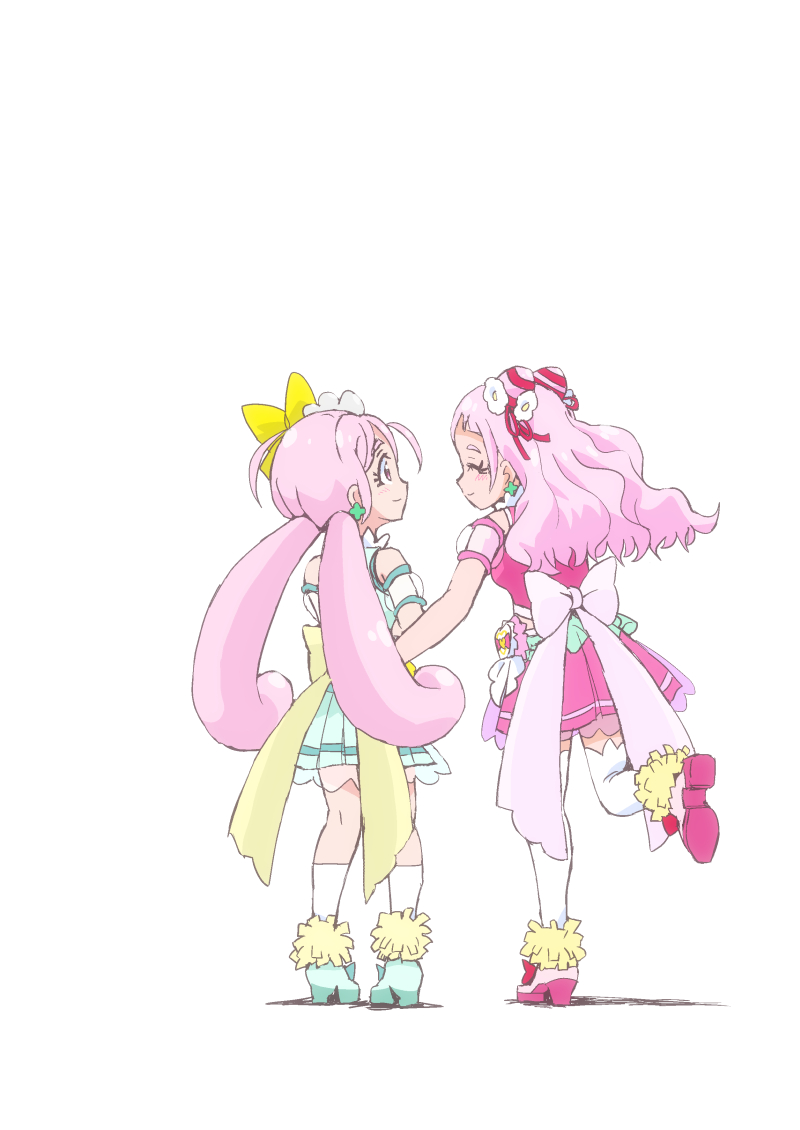 2girls, alternate_color, back_bow, bow, cosplay, cure_yell, cure_yell_(cosplay), double_bun