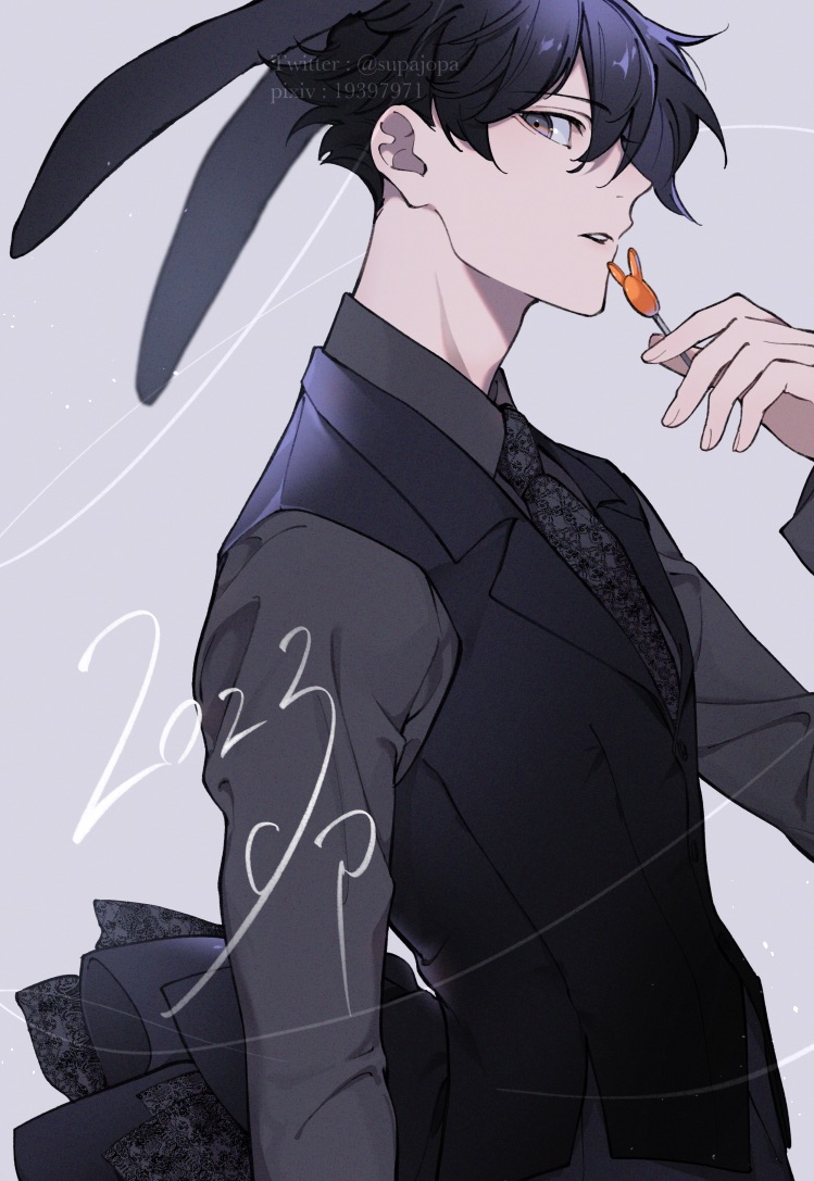 1boy, animal_ears, black_hair, black_necktie, black_shirt, chinese_zodiac, from_side, happy_new_year