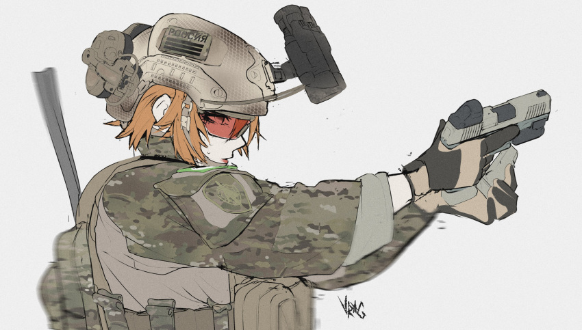 1girl, ammunition_pouch, bulletproof_vest, camouflage, camouflage_headwear, camouflage_jacket, ear_protection, earmuffs