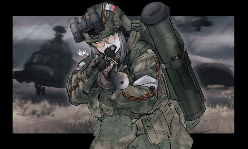 1girl, absurdres, aircraft, ammunition_pouch, anti-tank_missile, assault_rifle, blue_eyes, bulletproof_vest