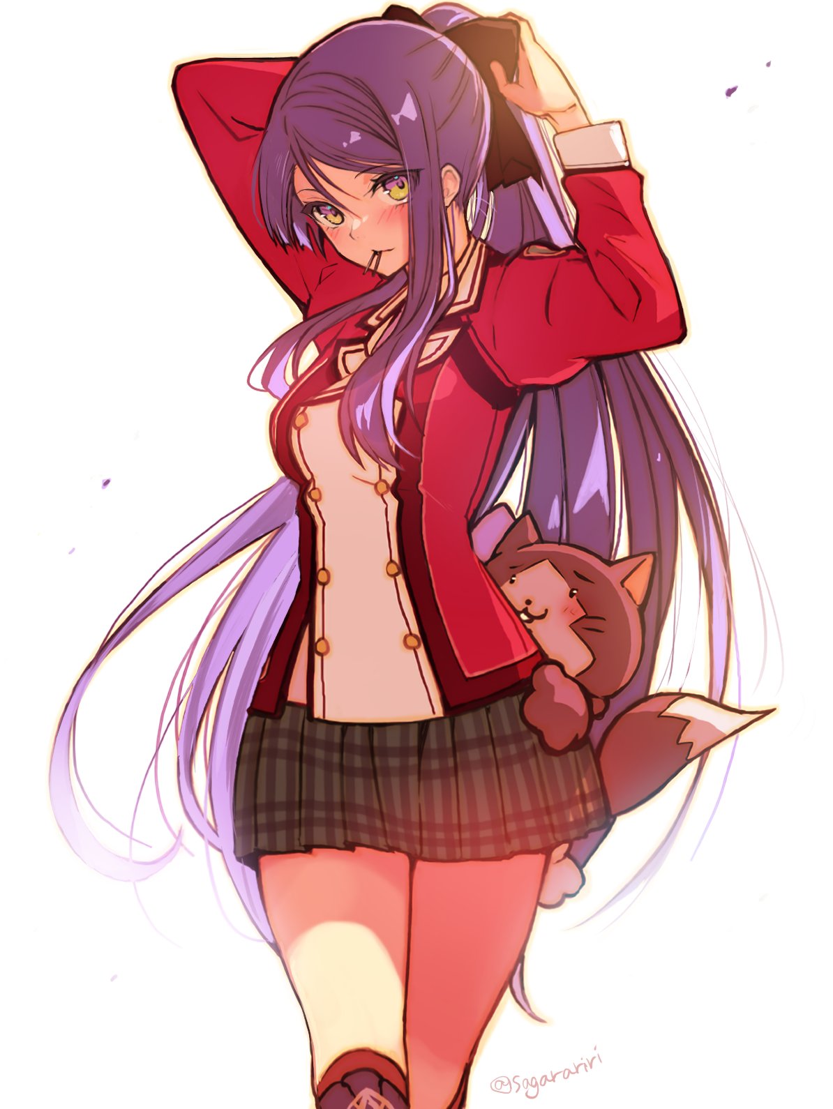 1girl, adjusting_hair, backlighting, black_bow, black_skirt, blue_hair, blush, boots