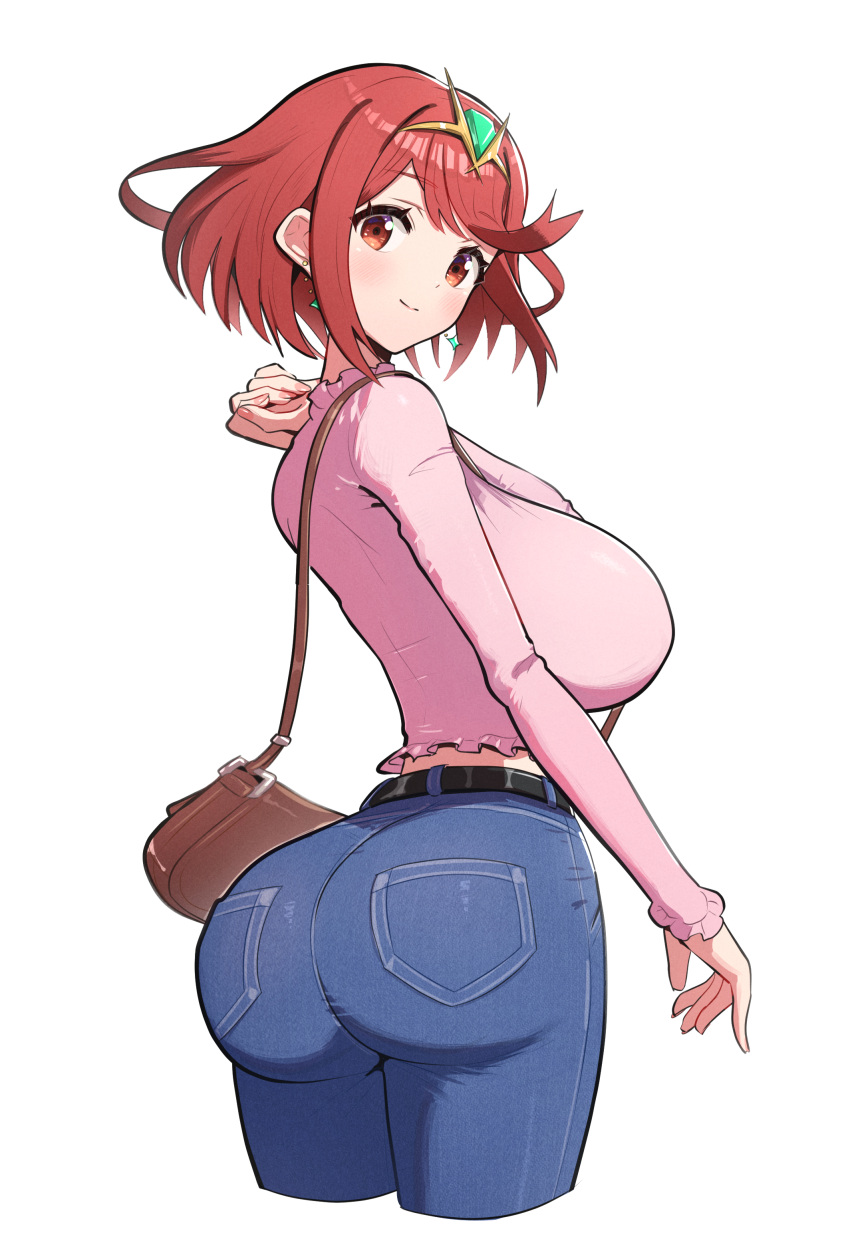 absurdres, ass, bag, bob_cut, breasts, denim, gem, gold_tiara, gonzarez, green_gemstone, highres, huge_ass, huge_breasts, jeans, large_breasts, looking_at_viewer, nintendo, pants, pink_shirt, pyra_(xenoblade), red_eyes, redhead, shirt, tiara, xenoblade_chronicles_(series), xenoblade_chronicles_2
