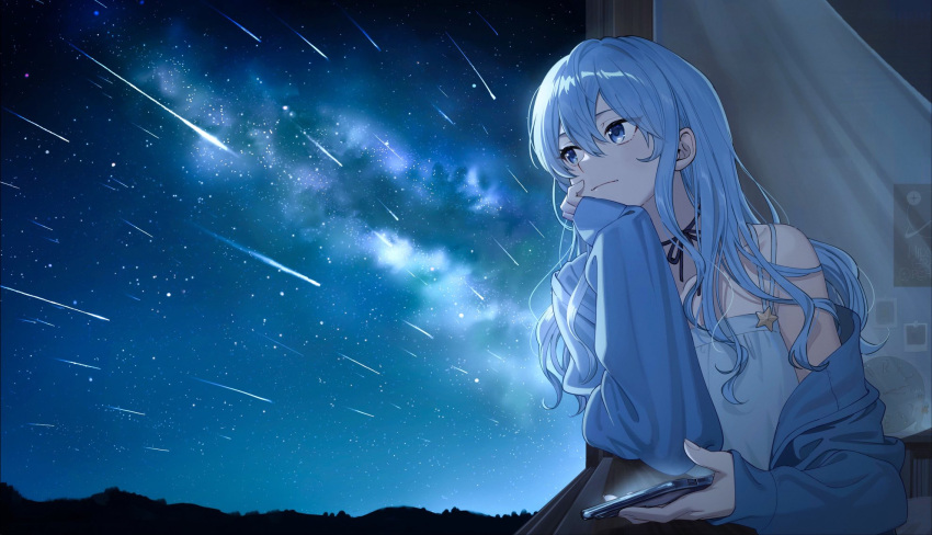 1girl, alternate_costume, blue_eyes, blue_hair, blue_jacket, blue_ribbon, camisole, cellphone, clock, closed_mouth, collarbone, commentary_request, double-parted_bangs, freestyle18, galaxy, hair_between_eyes, hair_down, hand_on_own_chin, head_rest, highres, holding, holding_phone, hololive, hoshimachi_suisei, jacket, long_hair, looking_outside, meteor_shower, multi-strapped_camisole, neck_ribbon, night, phone, poster_(object), ribbon, single_off_shoulder, sleeves_past_wrists, smartphone, solo, star_(sky), star_(symbol), star_in_eye, straight-on, symbol_in_eye, transparent_curtains, upper_body, virtual_youtuber, white_camisole