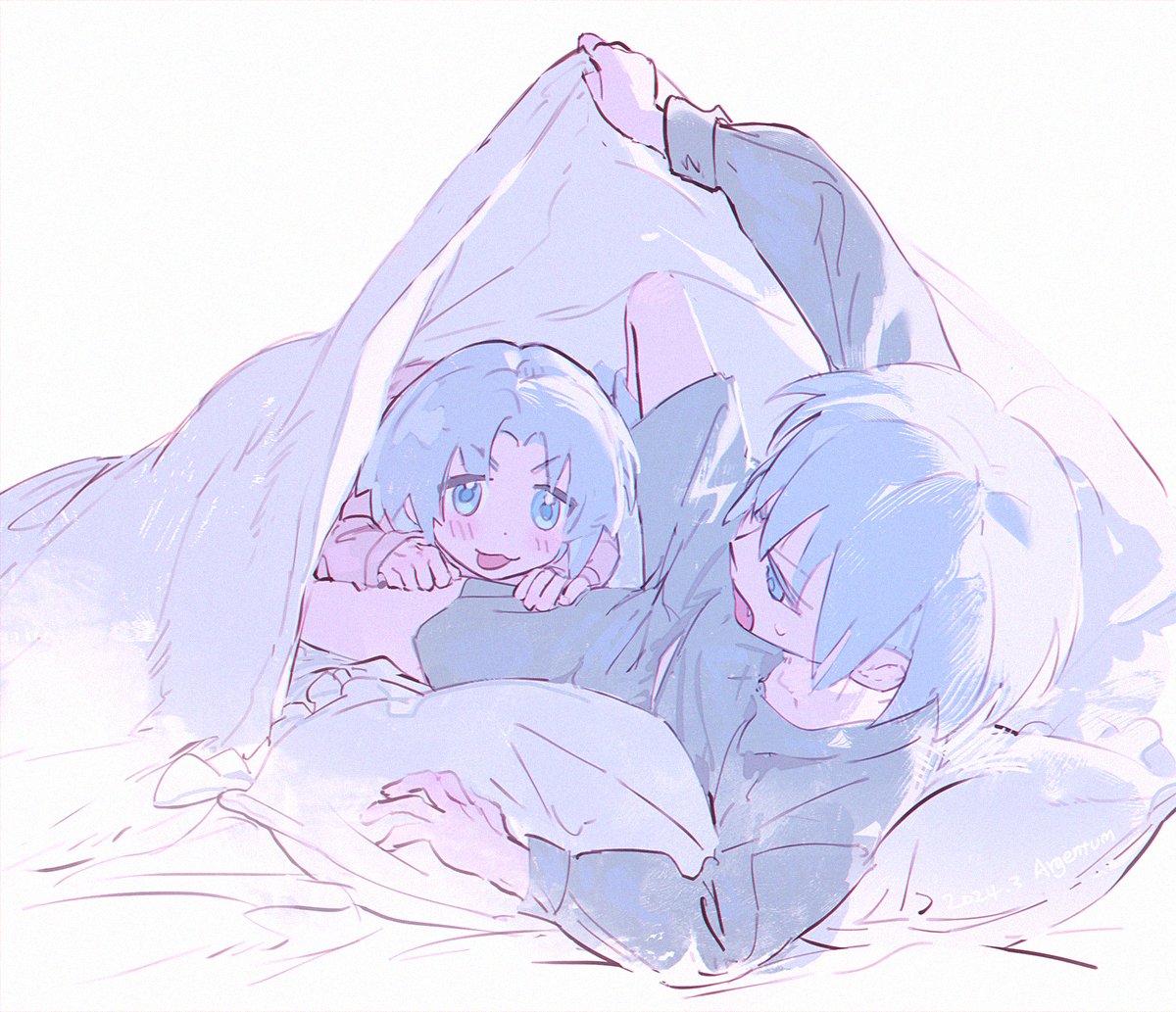 2boys, aged_down, annoyed, argentum_1121, bed, bed_sheet, blanket, blue_eyes