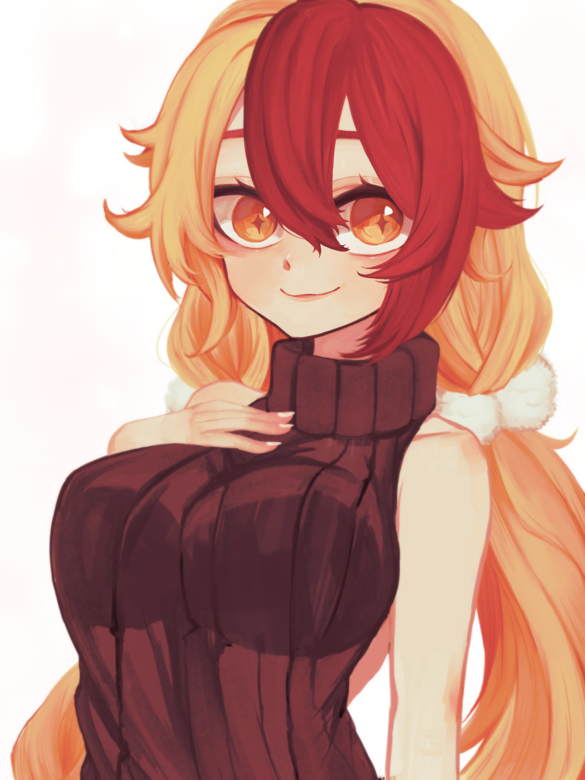 1girl, absurdres, alchemy_stars, breasts, brown_eyes, closed_mouth, eyebrows_hidden_by_hair, gronru_(alchemy_stars)