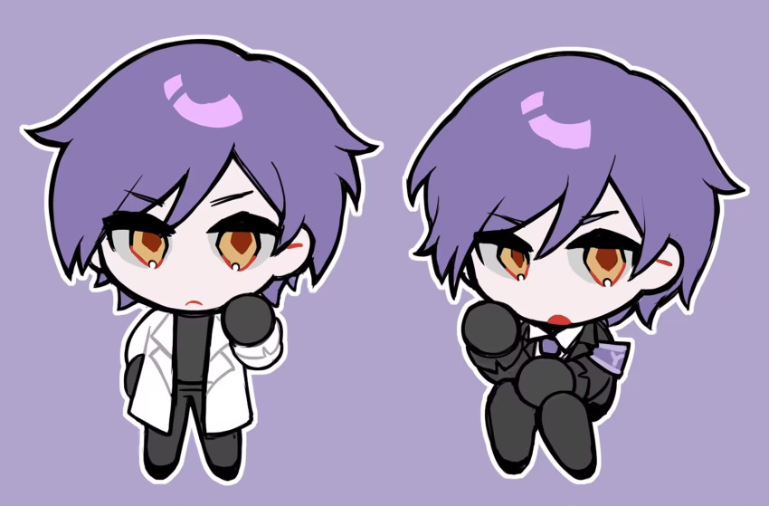 1005nemui, armband, black_gloves, black_pants, black_suit, chibi, frown, furrowed_brow